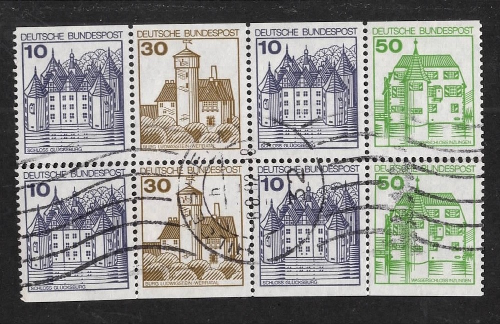 Germany Scott 1231b, German Castles, Used Booklet Pane of 8 Stamps