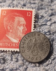 1942 German penny ~ 1 Pfenning ~ km#97 , WW2 Germany ~ + Red 12pf. Stamp