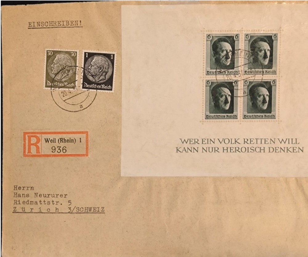 RARE 1930s WWII German Registered Cover to Switzerland with 4-Stamp Mini Sheet