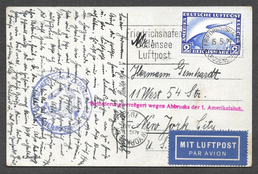 LZ 127 Zeppelin Sc#C36 Stamp Cover First Trip 29′ Saalfeld Friedrichshafen to NY
