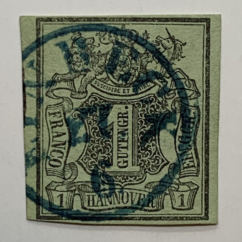 1850’s HANNOVER IMPERF STAMP WITH BLUE EINBECK SON CANCEL