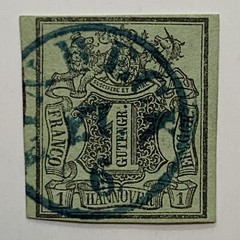 1850’s HANNOVER IMPERF STAMP WITH BLUE EINBECK SON CANCEL