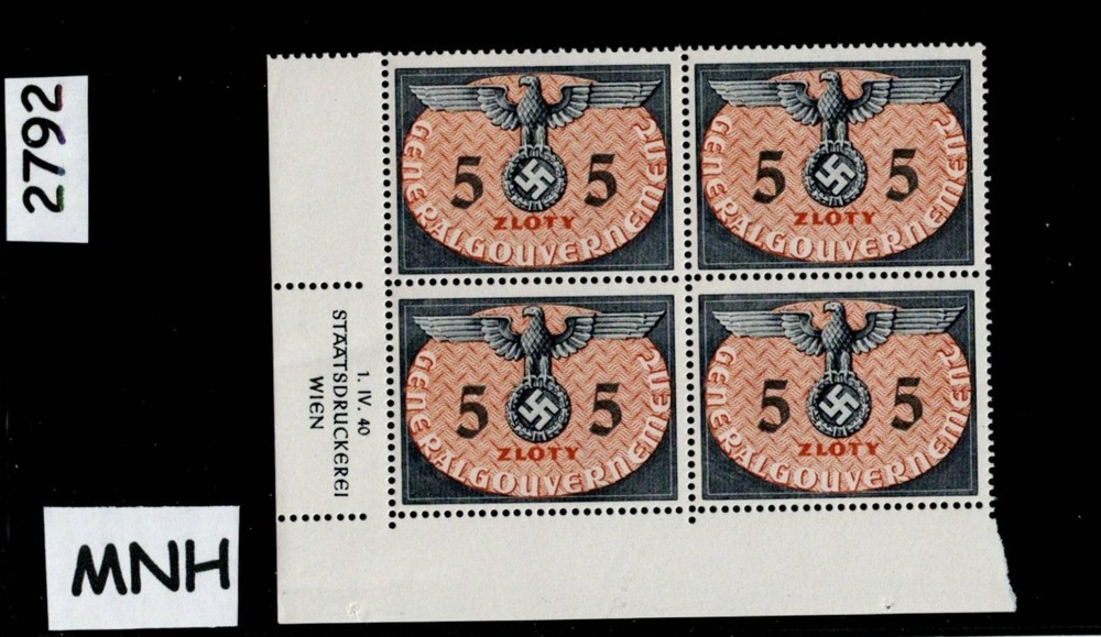 MNH stamp block 5ZL Sc N015 1940 Germany Occupied Poland Swastika WWII #2792