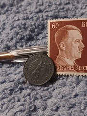 1941 German penny ~ 1 Pfenning ~ km#97 , WW2 Germany ~ + 60 pf. Stamp