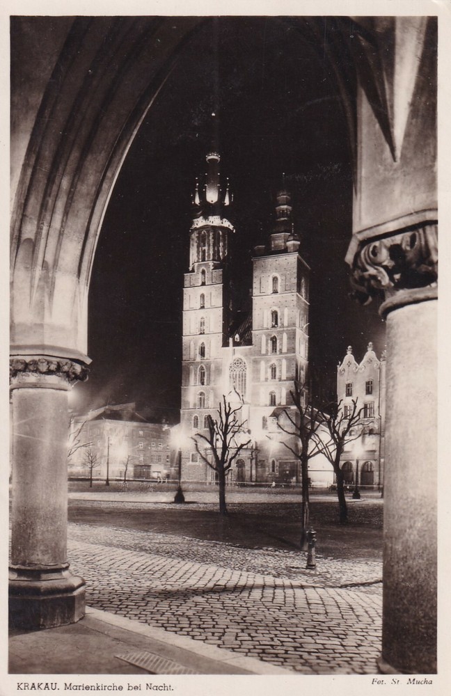 German Third Reich Postcard – Krakau Marienkirche at Night postmarked 1942