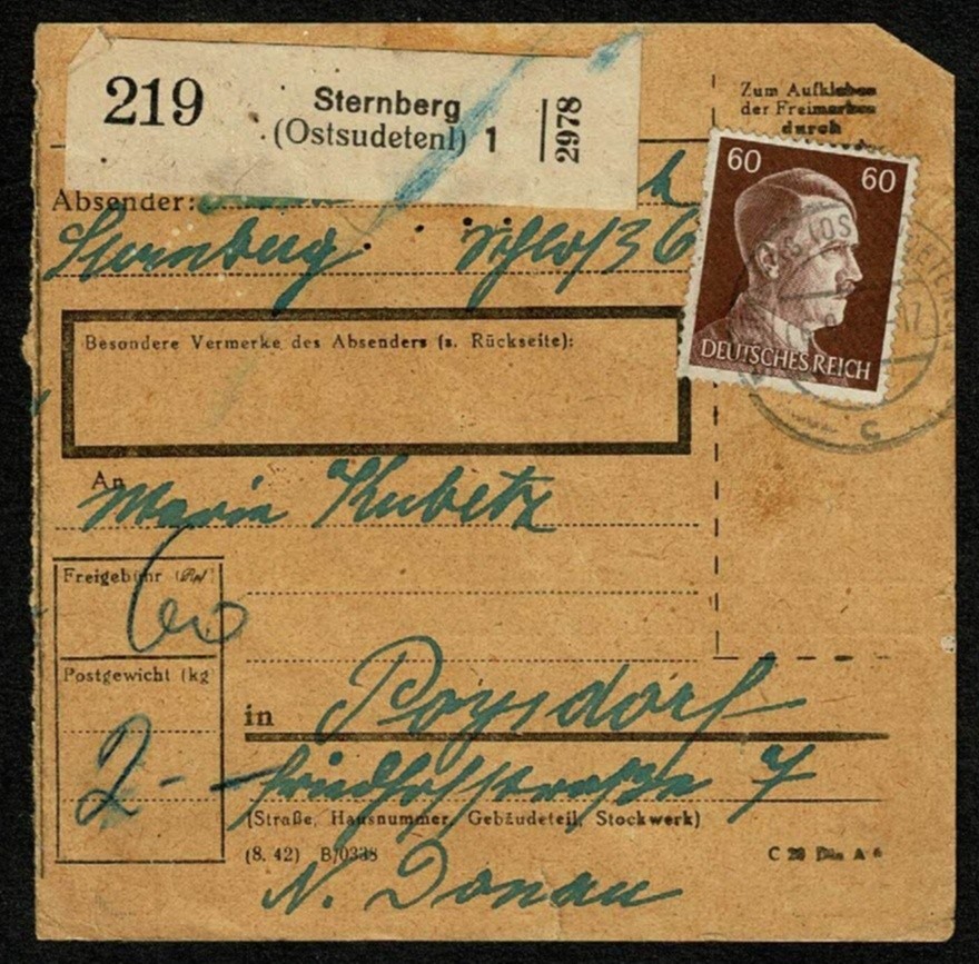GERMAN OCCUPATION SUDETENLAND 1944 Parcel card Sternberg (Ostsudeten) WWII SG72U