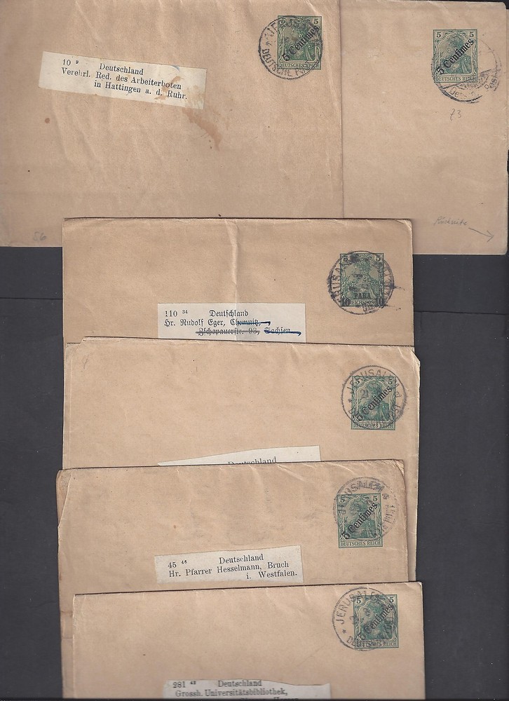 PALESTINE GERMANY 1900’s GERMAN PO JERUSALEM SIX NEWSPAPER WRAPPERS WITH SEALS