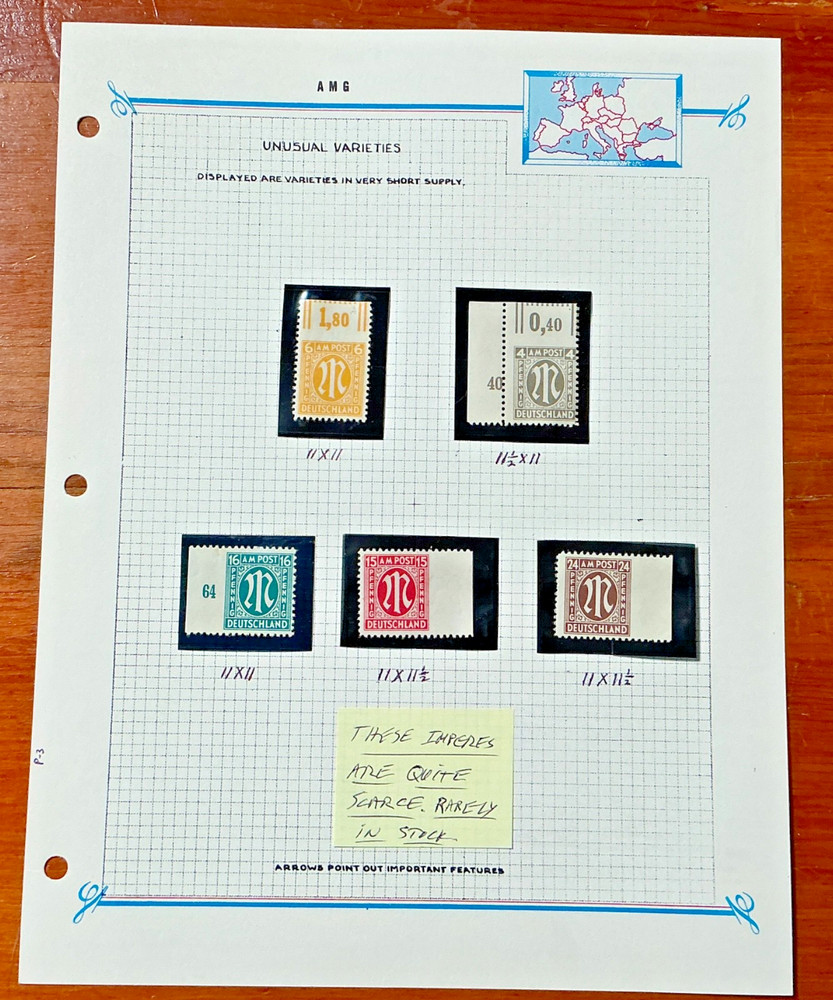 AMG AM Post Unusual Varieties Study Sheet 4 6 15 16 24 PF Imperf Germany JV Bush