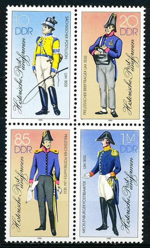 DDR #Mi2997-Mi3000 MNH 1986 Postal Uniforms [From Se-Tenant Block][2520a-2523a]