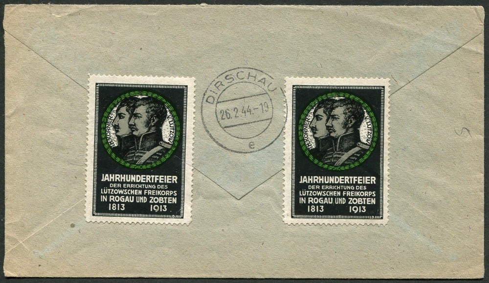 Germany Opladen Dirschau Registered Cover Lützow Körner Label 1944 WWII Europe