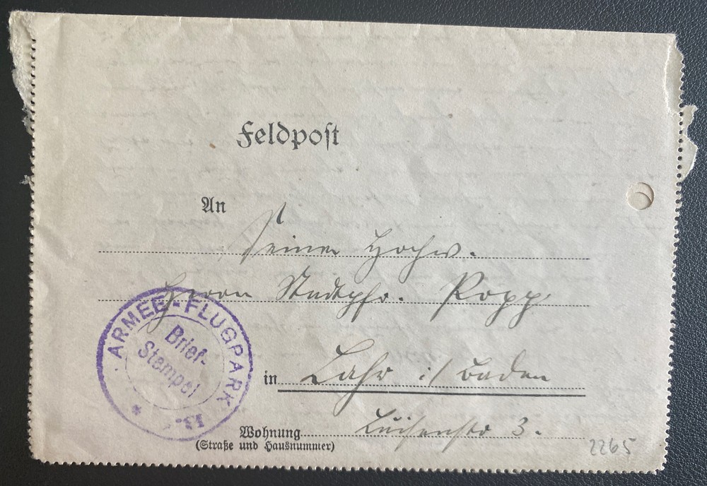 1915 Feldpost Germany Air Flight Park Letter Sheet Cover