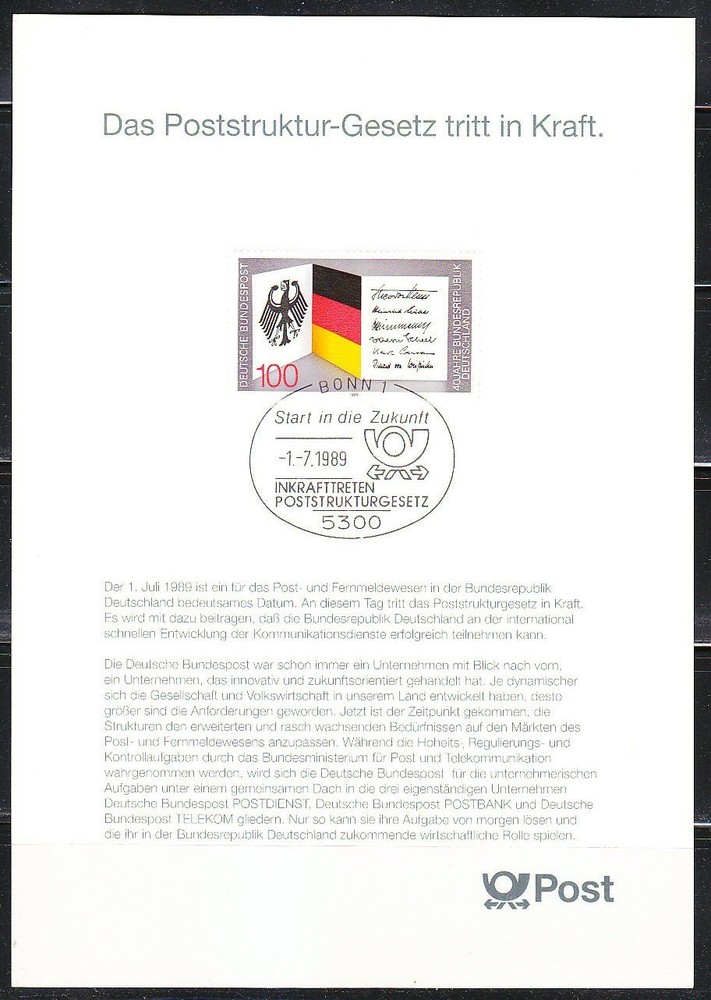 Germany 1989 Sonderblatt card Sc 2086 Mi 1421 Federal Flag