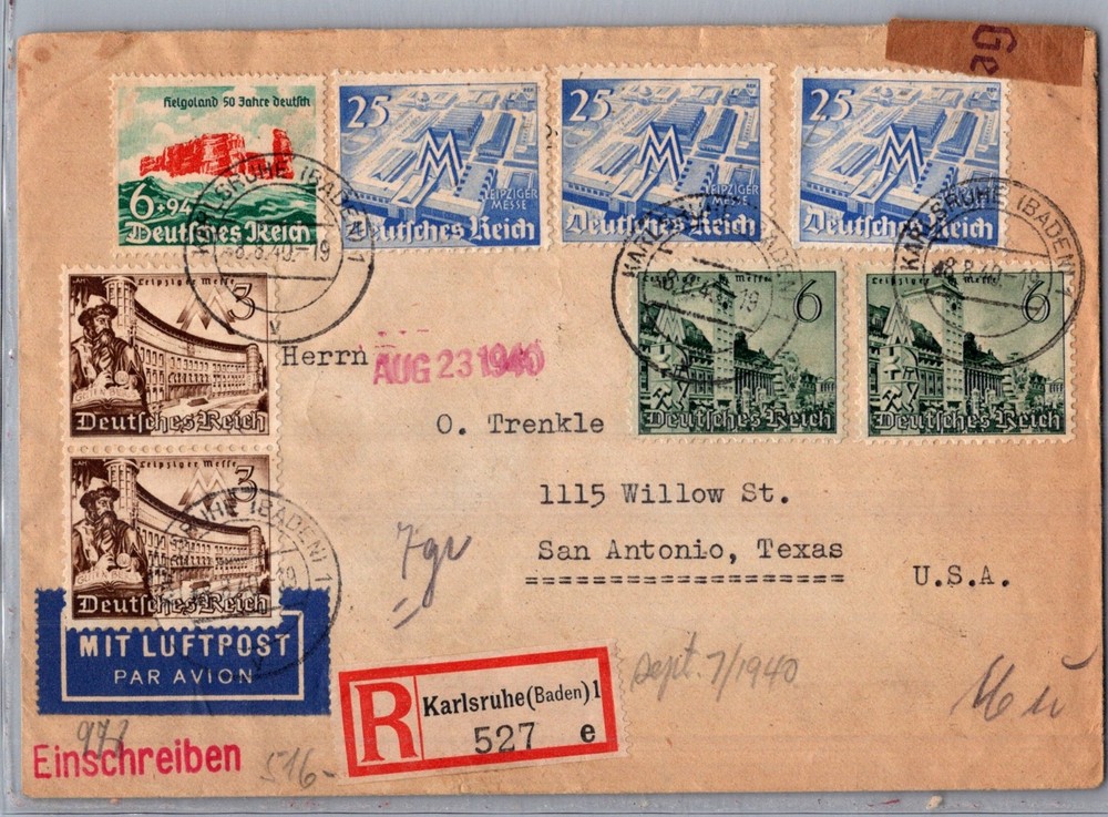 GERMANY 1940 WWII REG CENSORED COVER MULT FRANKING ADDR USA POSTMARK KARLSRUHE