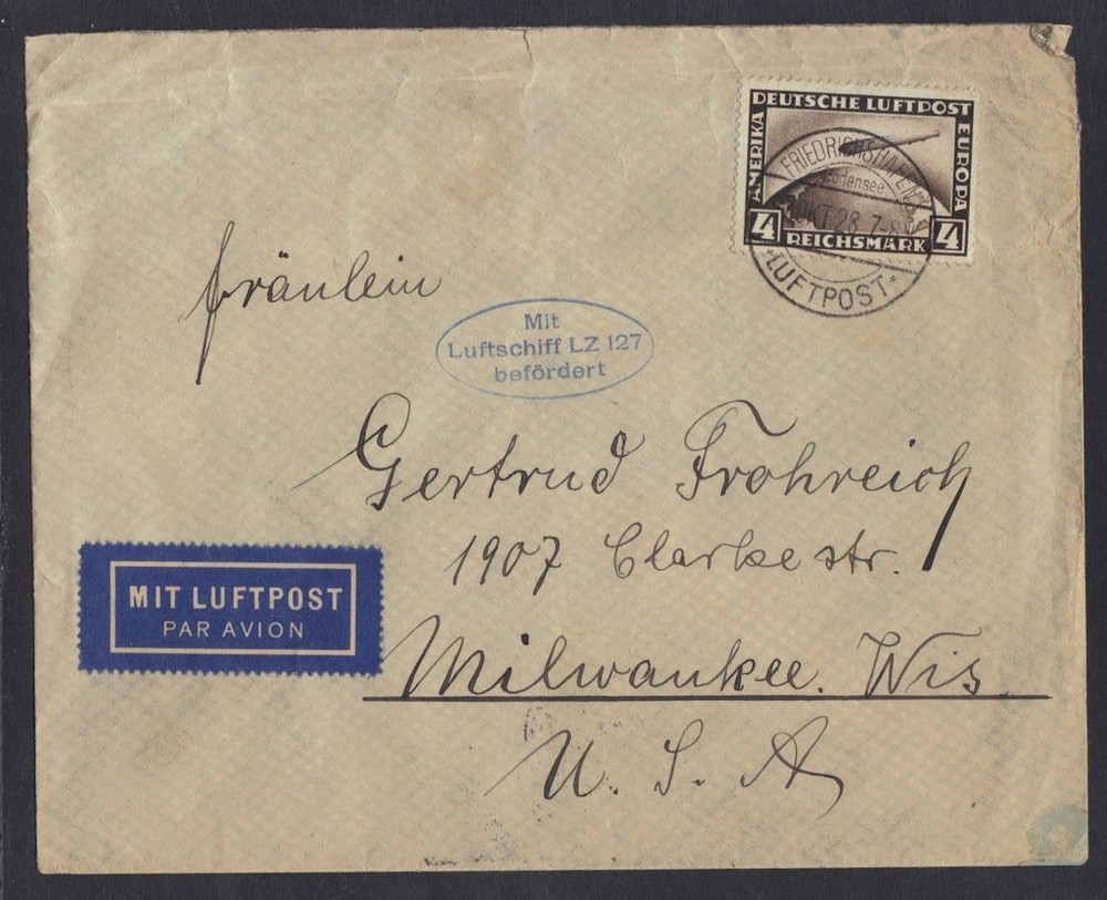 GERMANY 1928 ZEPPLIN COVER Sc. # C37 ON LZ 127 FRIEDRICHSHAFFEN TO MILWAUKEE WI