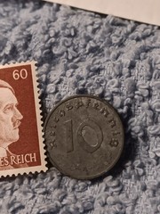1943 German 10 Pfenning ~ km#101 , WW2 Germany ~ + 60pf. Stamp