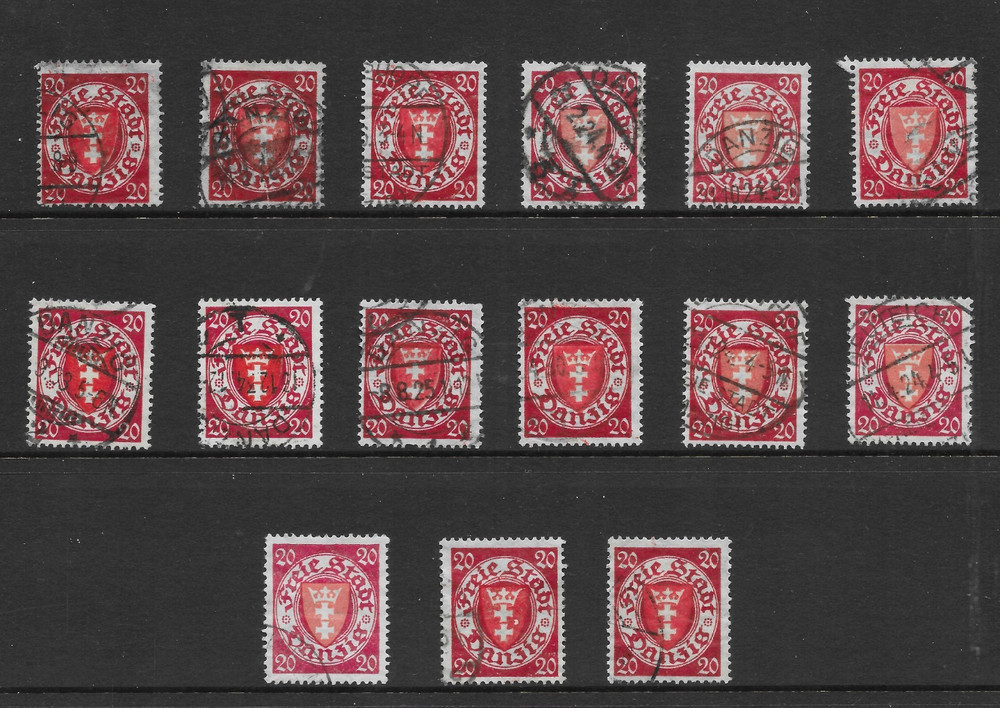 DANZIG SCOTT 177 USED x 15 (A) – 1924 20pf CARMINE & RED COAT OF ARMS ISSUE