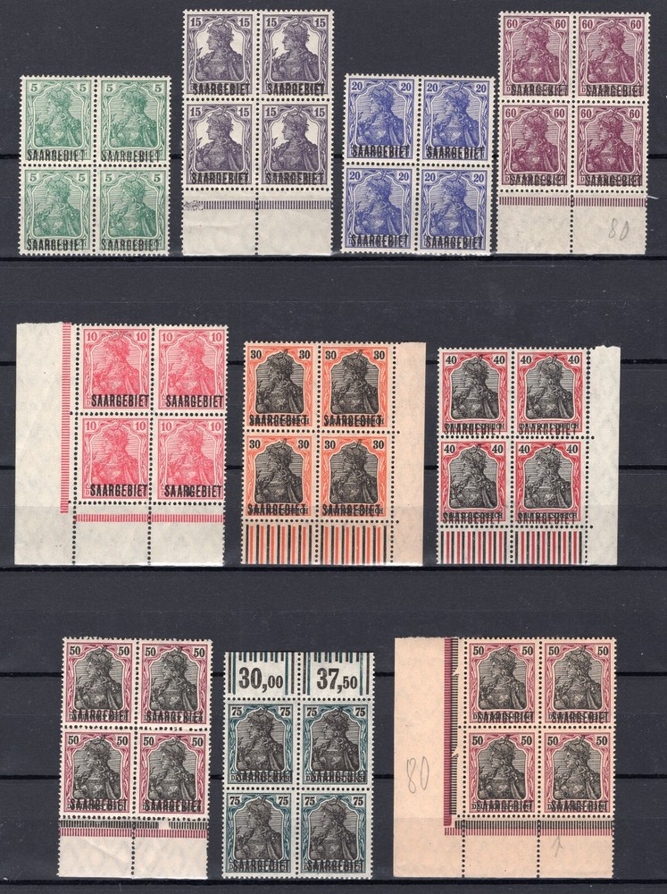 GERMANY SAAR 1920 GERMANIA OVERPRINTS MICHEL 32-43 (13) BLOCKS OF 4 PERFECT MNH