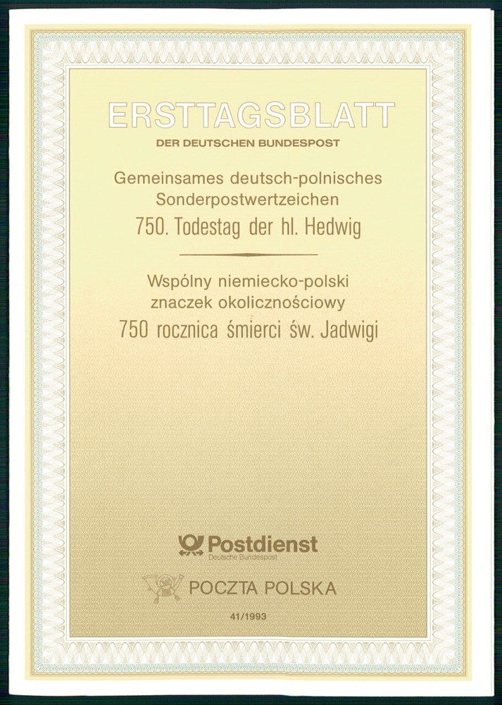 GERMANY & POLAND FDS ETB 1993/41 SAINT HEDWIG FIRST DAY SHEET ‚