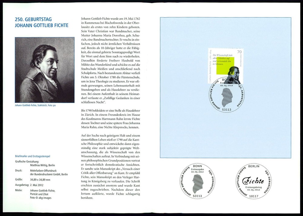 GERMANY FOLDER 2012/22 JOHANN GOTTLIEB FICHTE SCHRIFTSTELLER PHILOSOPH