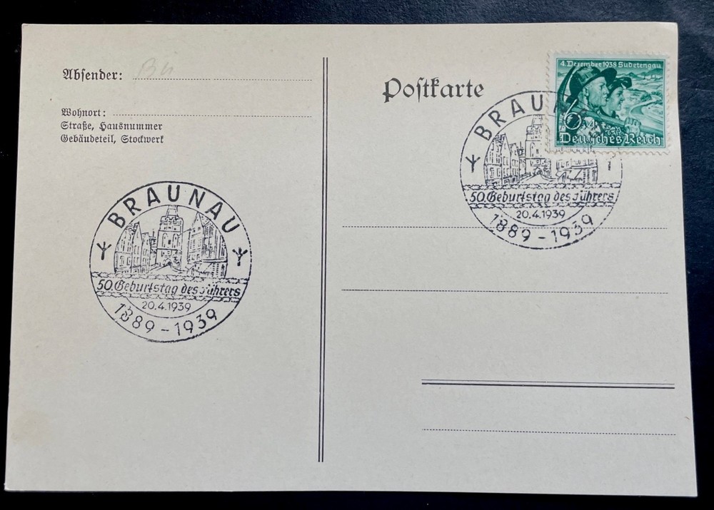 1939 Germany Postcard Adolf Hitler annexed the Sudetenland & Hitler Birthday PM