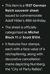 1937 Block of 4 Stamps Souvenir Sheet Commemorating Adolph Hitler’s Birthday