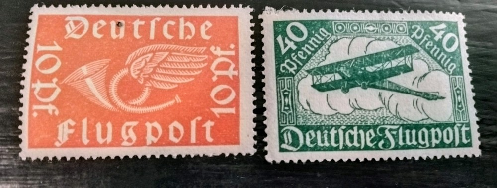 German Airmail stamps C1 10pf Post Horn & C2 40 pf Biplane Mint/Hinged