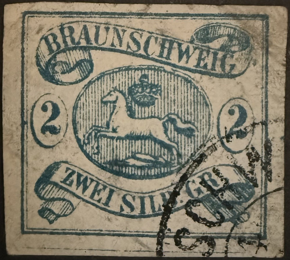 German states, Braunschweig stamp 1852 2sg blue, used, 4 margin, SG Cat £400