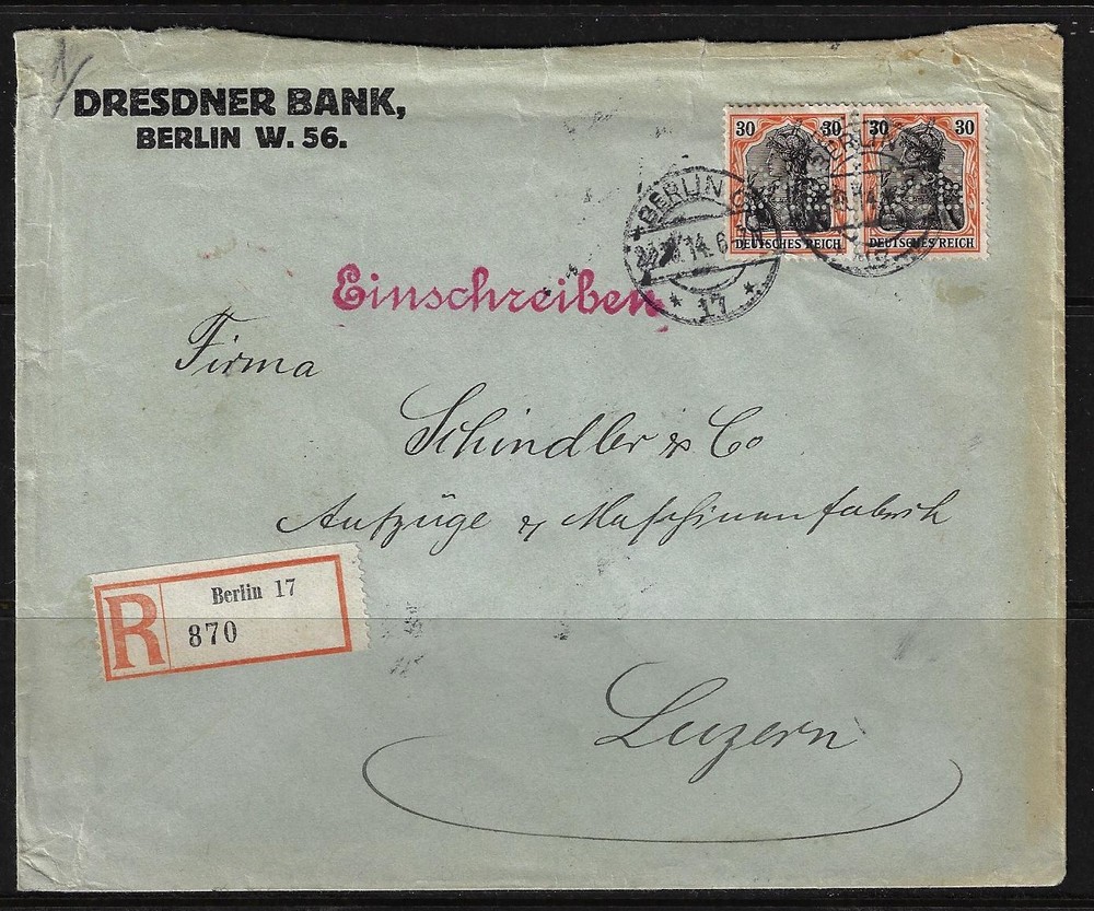 GERMANY 1914 30pf GERMANIA PAIR WITH DB PERFINS DRESDNER BANK COVER REGISTERED