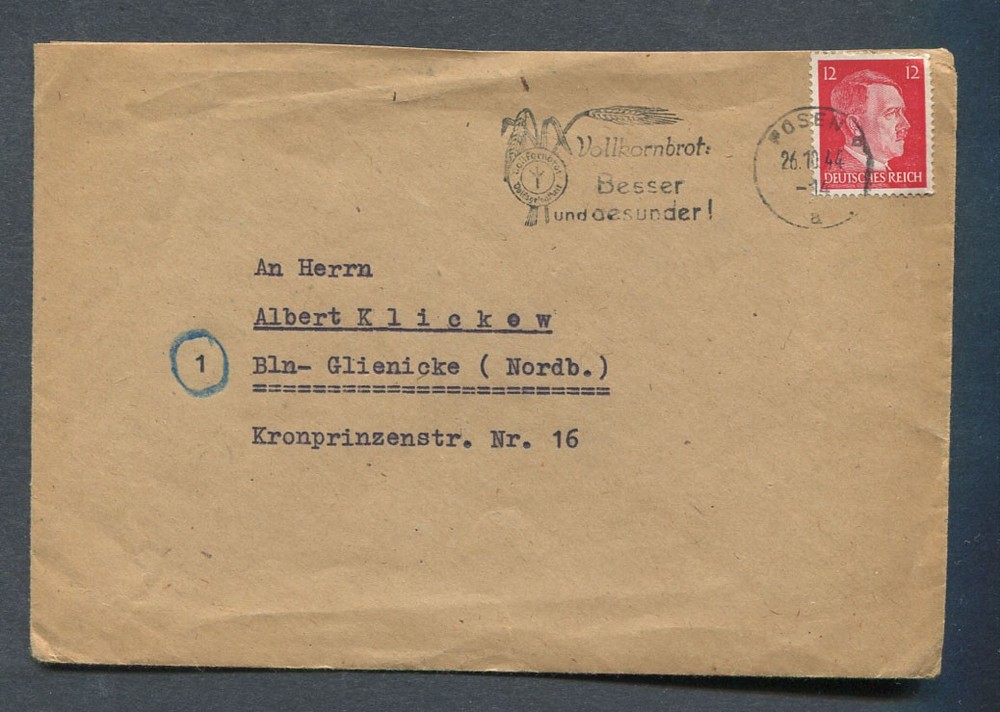 German Reich WW II : Hitler stamp cover from 1944 – Posen – slogan cancel – used