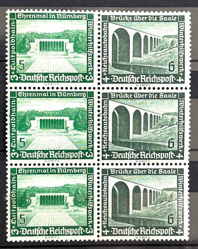 1936 German stamps triple – Winter Relief Modern Buildings MH* Mi:DR W119 /BL37