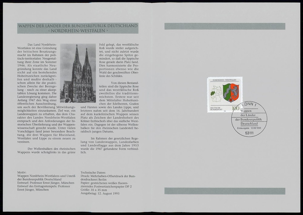 GERMANY FOLDER 1993/32 WAPPEN BLAZON NRW NORDRHEIN-WESTFALEN PFERD