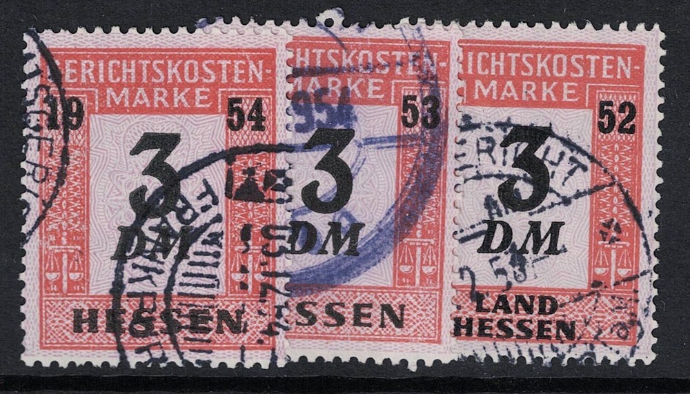 Germany 1952 – 1954 3 Mark Land Hessen Revenue Stamps Used – S25887