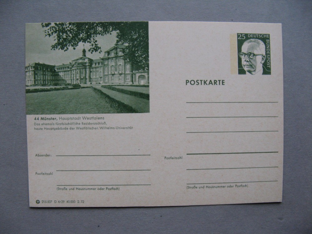 GERMANY BRD, ill. prestamped PC 1972, mint, Münster palace, university education