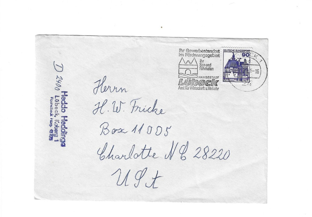 GERMANY Cover sent from Lubeck to U.S. – Slogan Cancel