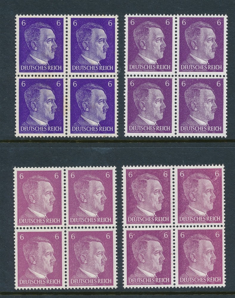 SALE Stamp Germany 1941 WWII 3rd Reich Hitler 6 PF Shades Blocks MNH