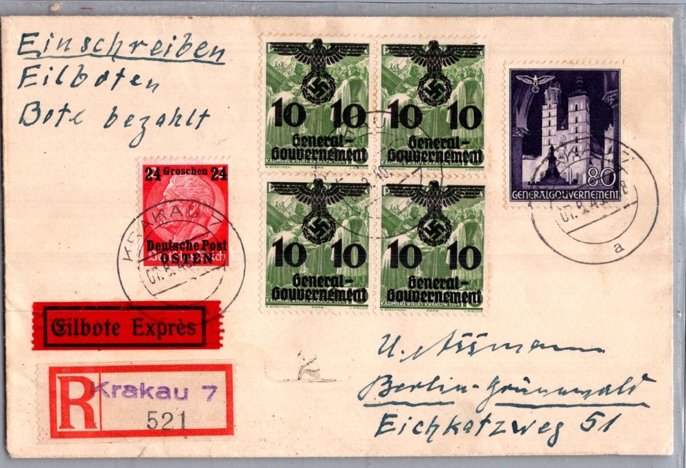 GERMANY 1940 WW2 POLAND REG EXPRESS COVER MULT FRANK ADDR BERLIN POSTMARK KRAKAU