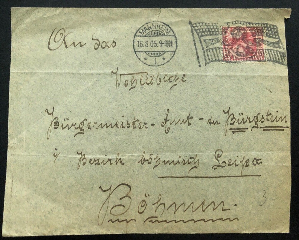 1905 Mannheim Germany Cover To Burgstein Flag Cancel