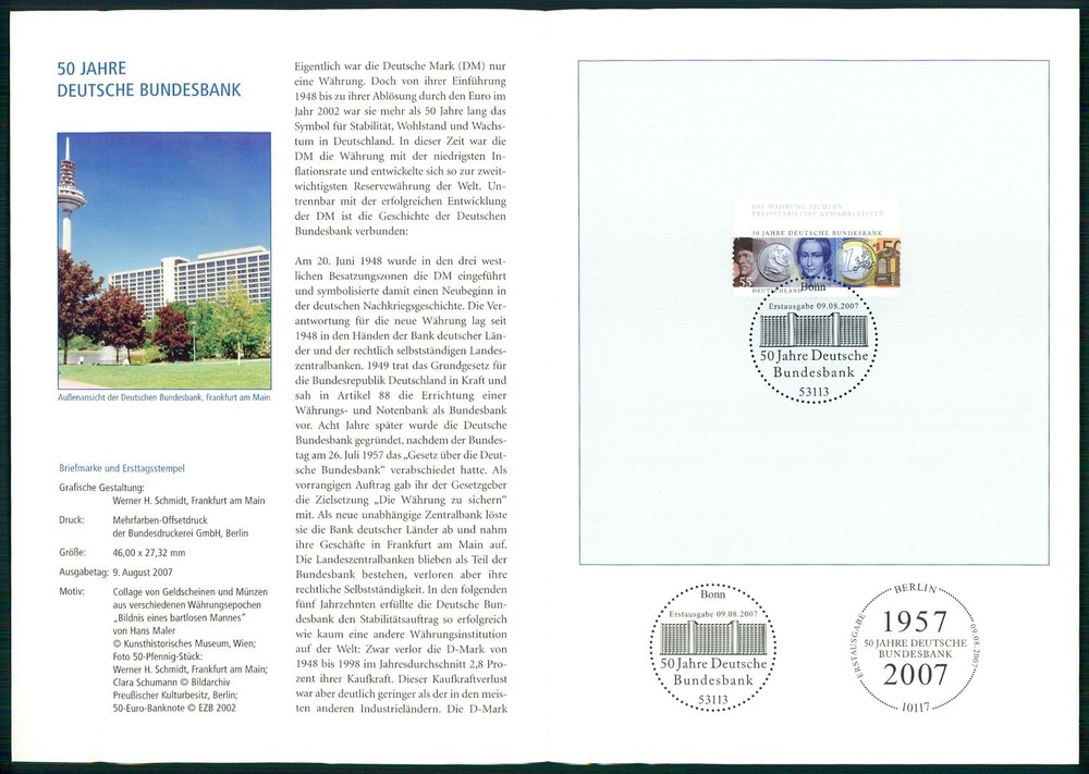 GERMANY FOLDER 2007/30 DEUTSCHE BUNDESBANK DM EURO 50 PFG. MÜNZE
