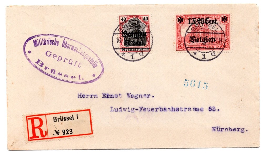 Belgium, 1917 German Occupation, R-Cover to Nuernberg, Mi. 23 I B b, RARE !!