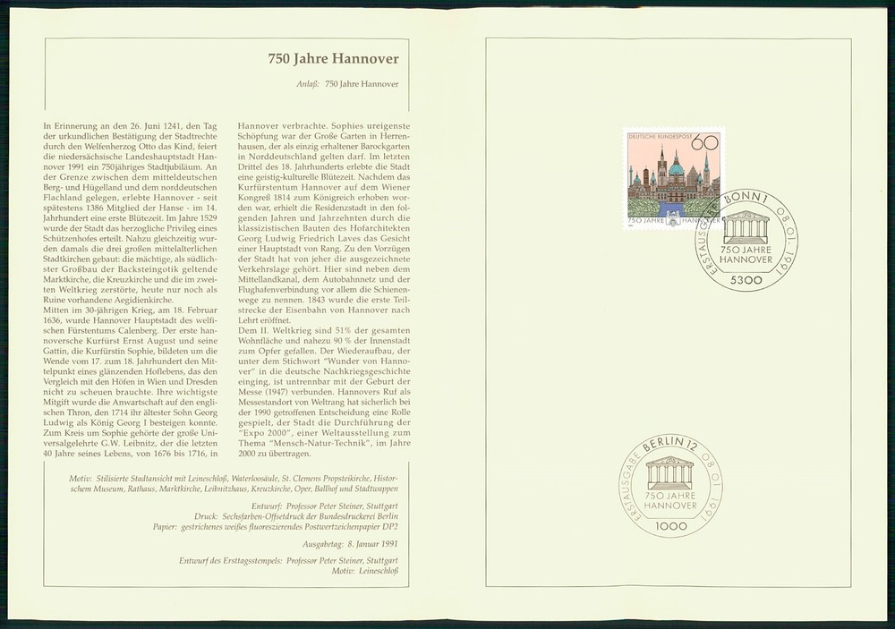 GERMANY FOLDER 1991/03 HANNOVER 750 JAHRE