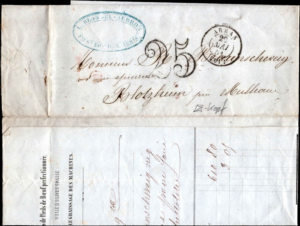 France Folded Letter ARRAS 1820s w/ Blue Merchant Oval Handstamp