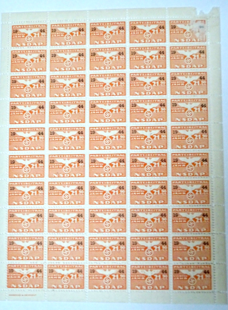 German 3RD reich NSDAP 21.90 Party dues mint sheet 50 stamps 1944 orange PRE oop