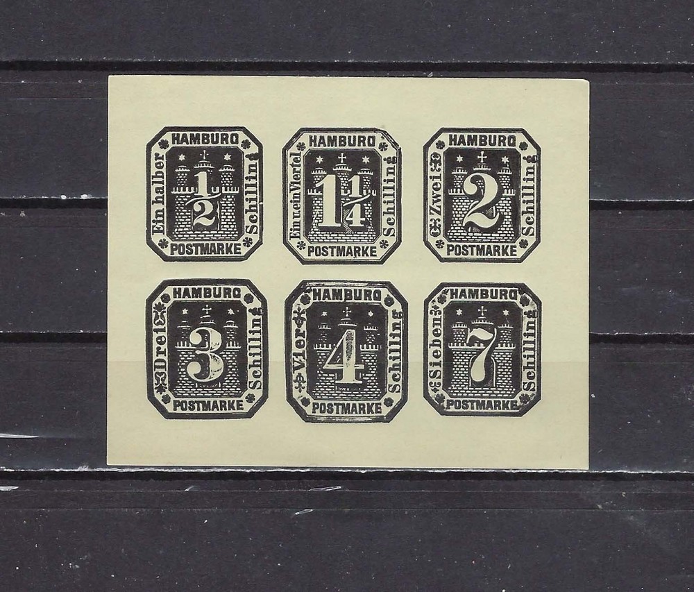 HAMBURG , GERMANY , 1866 , BLOCK OF 6 STAMPS , IMPERF , VLH