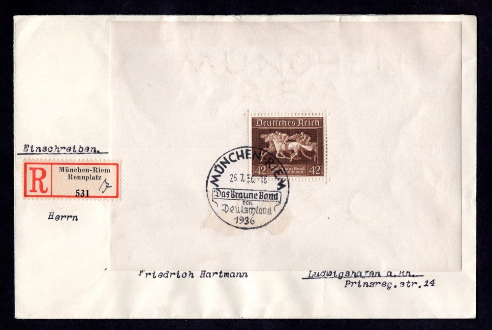 GERMANY 1936 REGISTERED HORSE RACE SCOTT #B90 ON REGISTERED COVER TIED MÜNCHEN