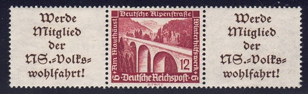 Germany – 1936 ZdMiNr W112, 12pf Alpine road se-tenant w/label A11.1 (L & R)