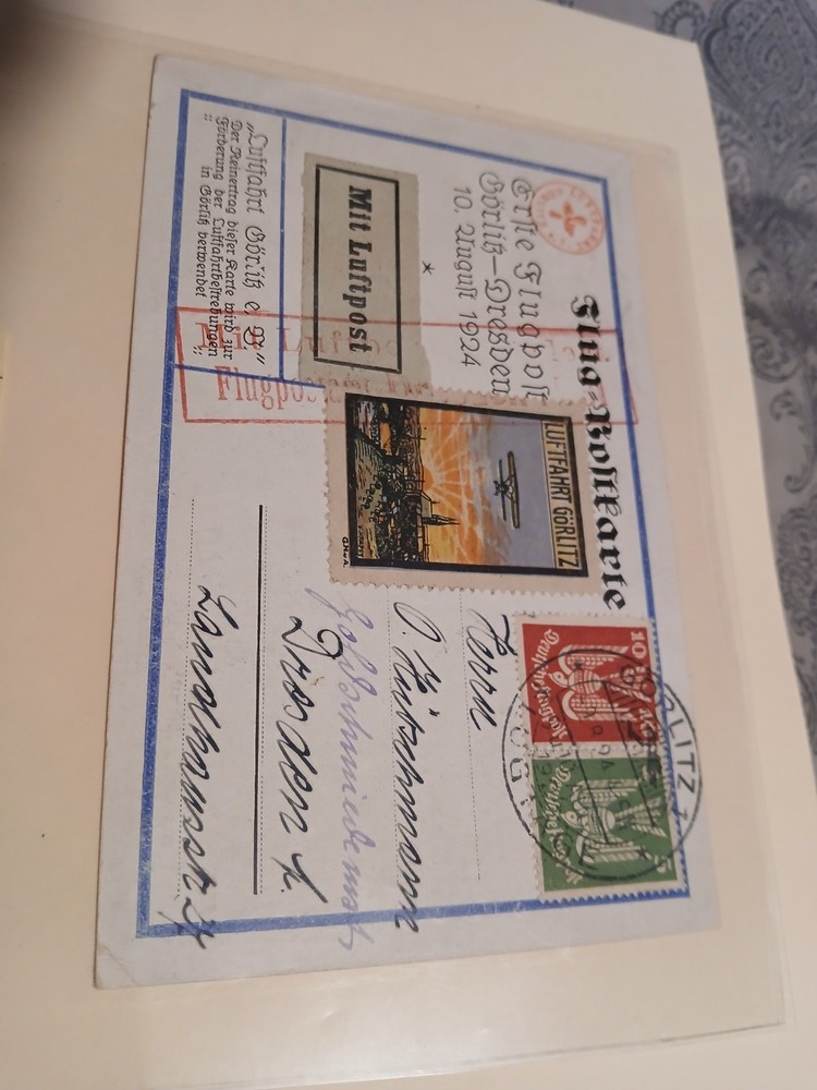 1924 German First Airmail Görlitz – Dresden Postcard Cover Children FFC Label