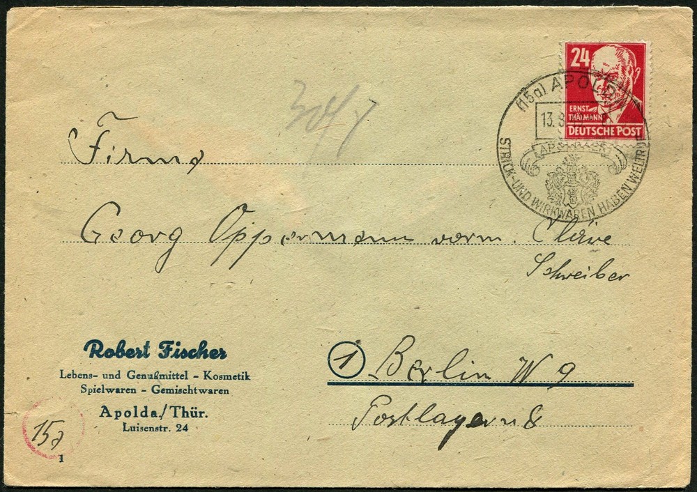 Germany 1949 Apolda Thuringia Soviet Zone to Berlin W9 Cover 24pf Postage
