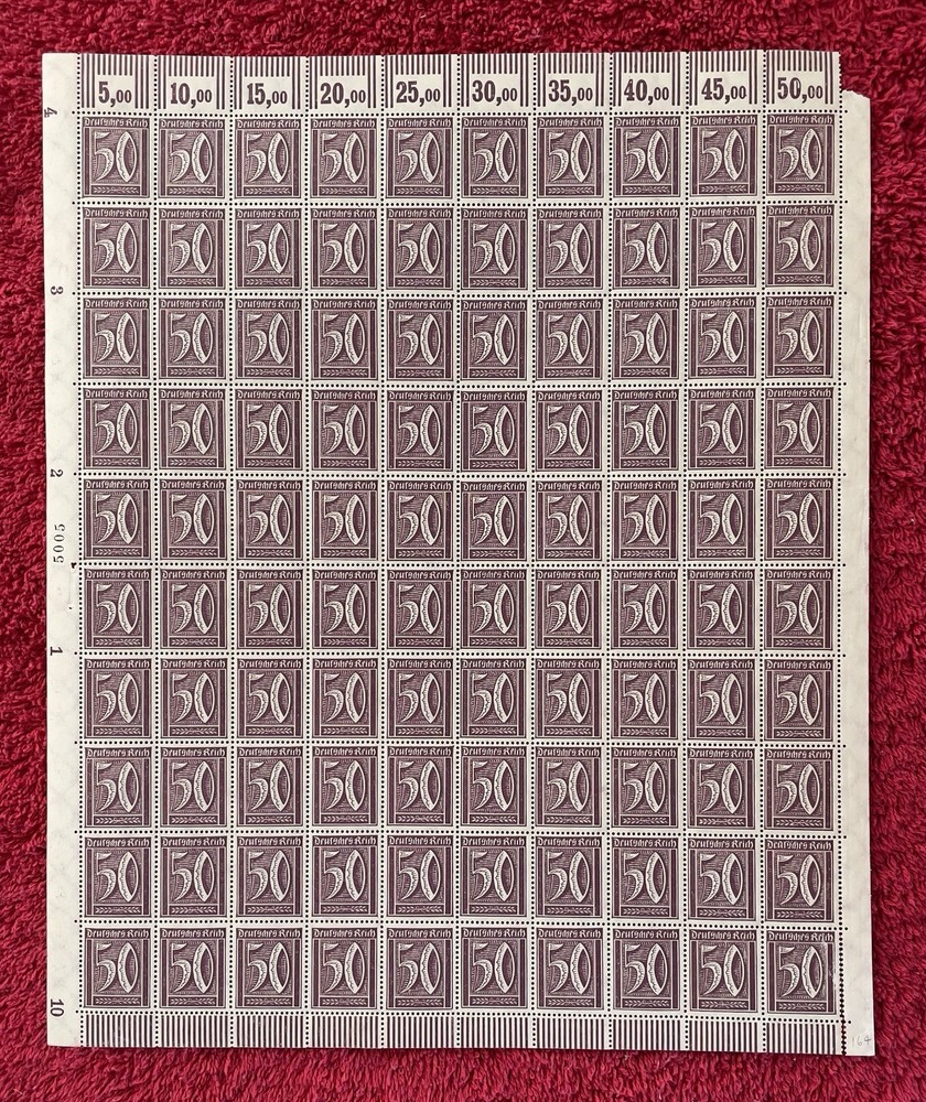 Germany #143, 50pfennig Pre-Hyperinflation Mint sheet/100, pl#5005 (R12-107/2)
