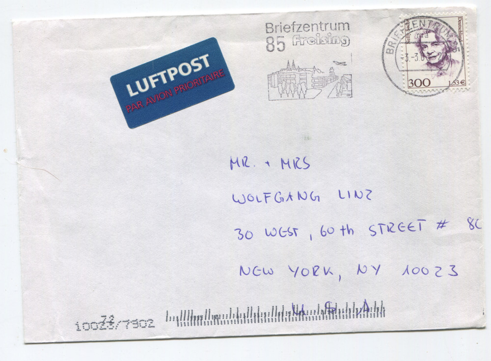 Germany 1990s Airmail Cover to USA, Freising Cancel, 300pf Heuss Issue