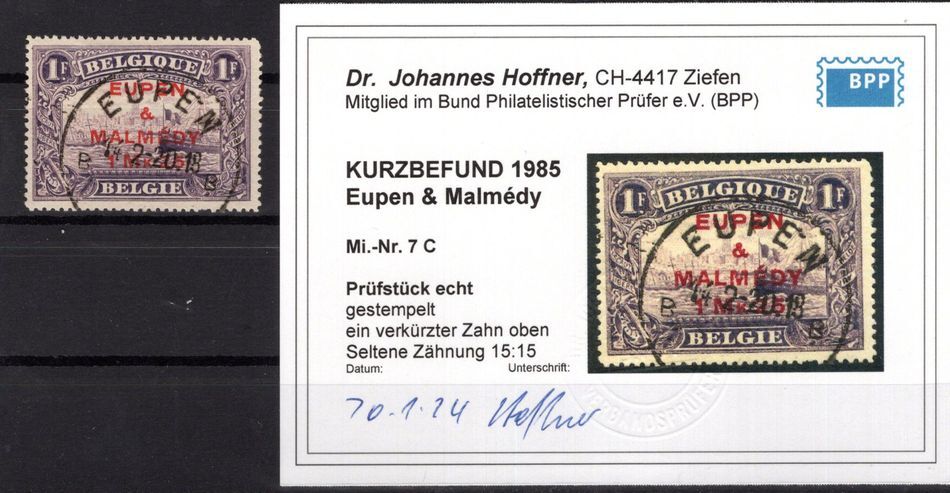 Eupen &malmedy 7C Good Type Postmarked BPP Certificate (AA2458